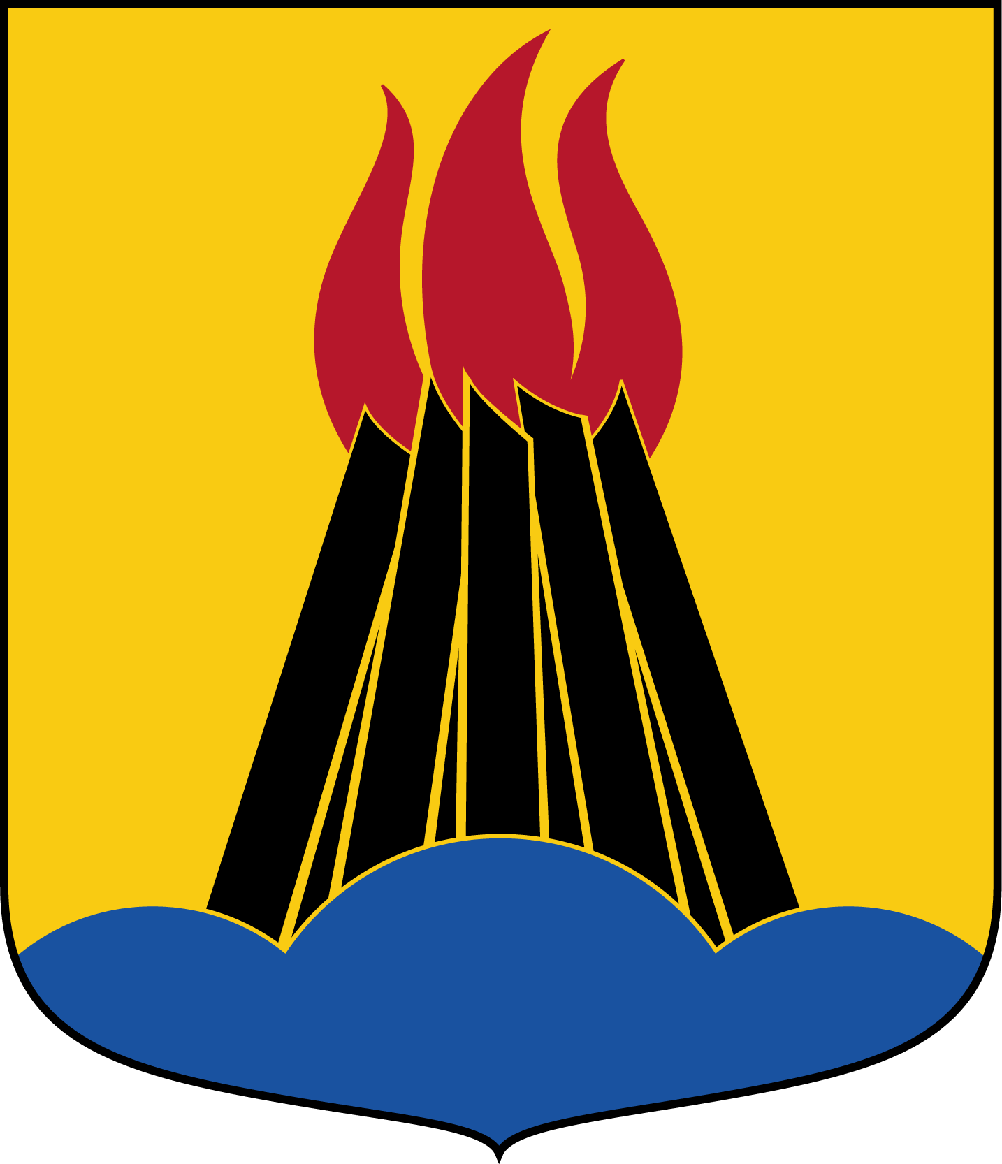Hudinge kommun: I fält av guld en på ett blått treberg stående svart, brinnande vårdkase med röd låga.