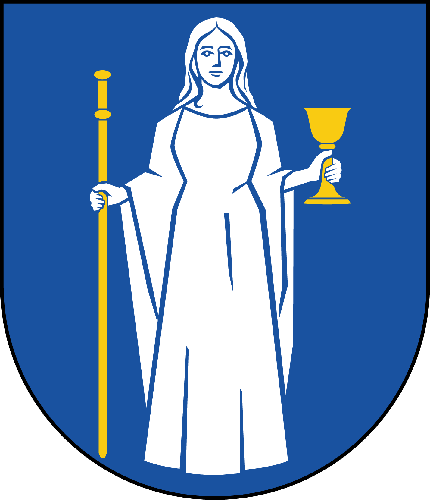 vapensköld: I blått fält en Sankta Gertrudfigur av silver, hållande i höger hand en stav och i vänster en kalk, båda av guld. 