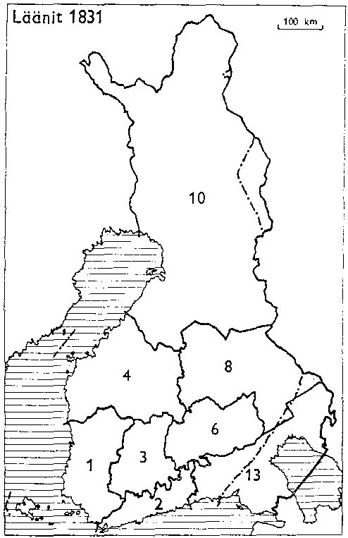 Finlands län 1831: 1: Åbo och Björneborg, 2: Nyland, 3: Tavastehus, 4: Vasa, 6: S:t Michel, 8: Kuopio, 10: Uleåborg, 13: Viborg
