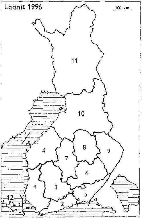 Finlands län 1996: 1: Åbo och Björneborg, 2: Nyland, 3: Tavastehus, 4: Vasa, 5: Kymmene, 6: S:t Michel, 7: Mellersta Finland, 8: Kuopio, 9: Norra Karelen, 10: Uleåborg, 11: Lappland, 12: Åland