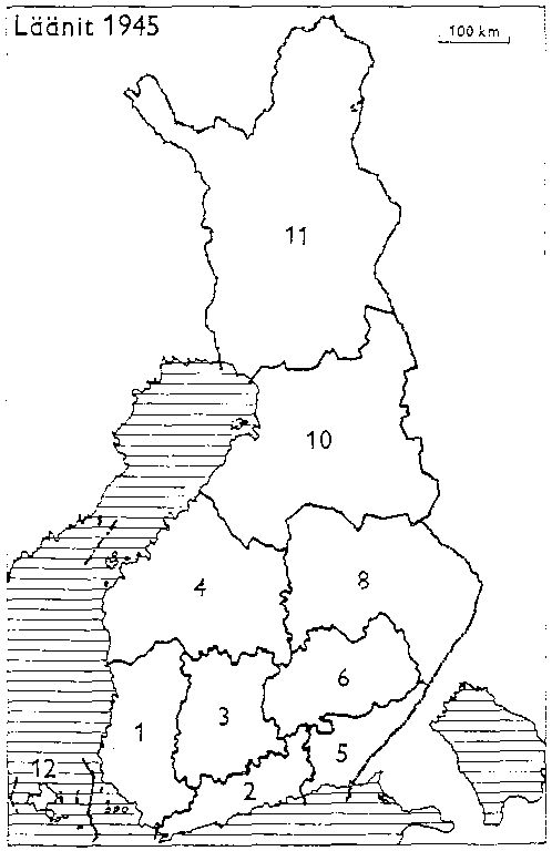 Finlands län 1945: 1: Åbo och Björneborg, 2: Nyland, 3: Tavastehus, 4: Vasa, 5: Kymmene, 6: S:t Michel, 8: Kuopio, 10: Uleåborg, 11: Lappland, 12: Åland