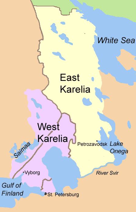 Östkarelen och Västkarelen med gränserna från 1939 och 1940/1947. Områdena kallas även ryska Karelen respektive finska Karelen.