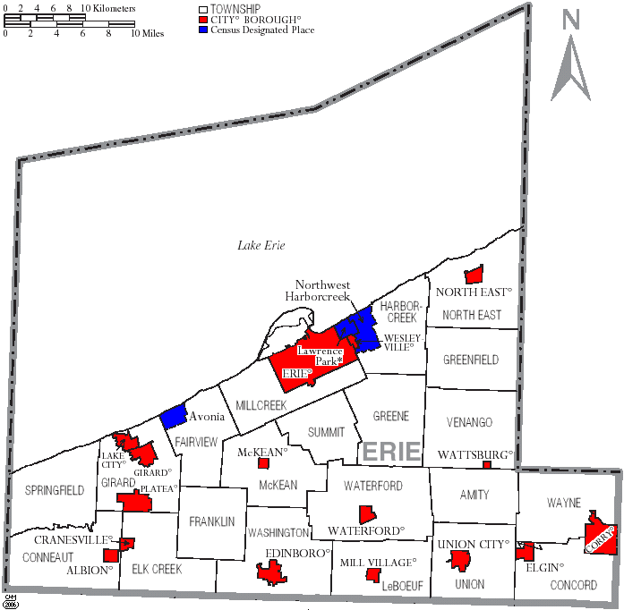 Municipal and Township Labels in Erie county