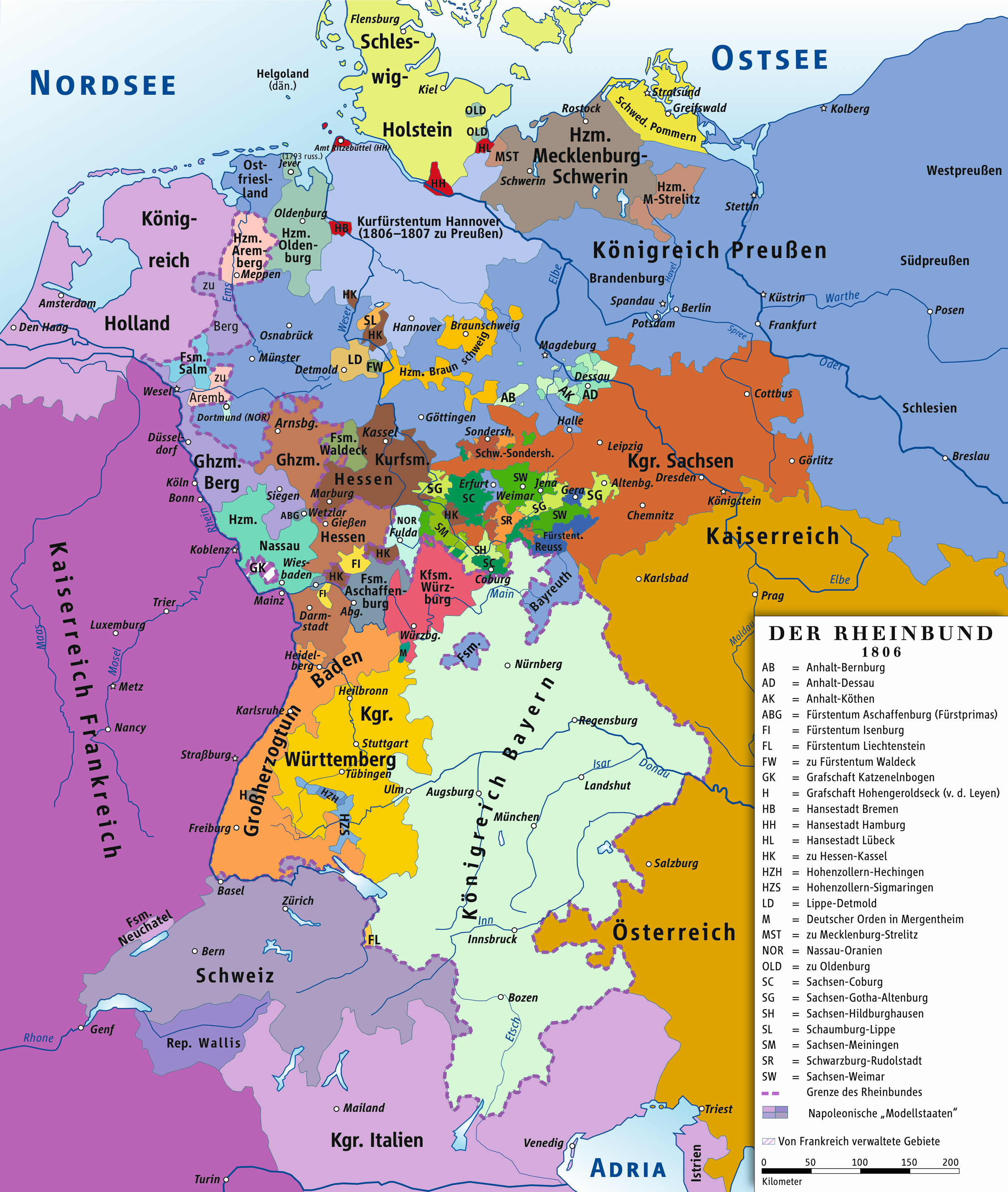 Kungariket Bayern inom Rhenförbundet 1806, inklusive Tyrolen
