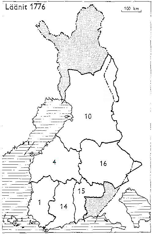 Finlands län 1776: 1: Åbo och Björneborg, 4: Vasa, 10: Uleåborg, 14: Nyland och Tavastehus, 15: Kymmenegård, 16: Savolax och Karelen