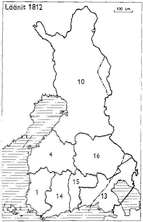 Finlands län 1812: 1: Åbo och Björneborg | 4: Vasa | 10: Uleåborg | 13: Viborg | 14: Nyland och Tavastehus | 15: Kymmenegård | 16: Savolax och Karelen