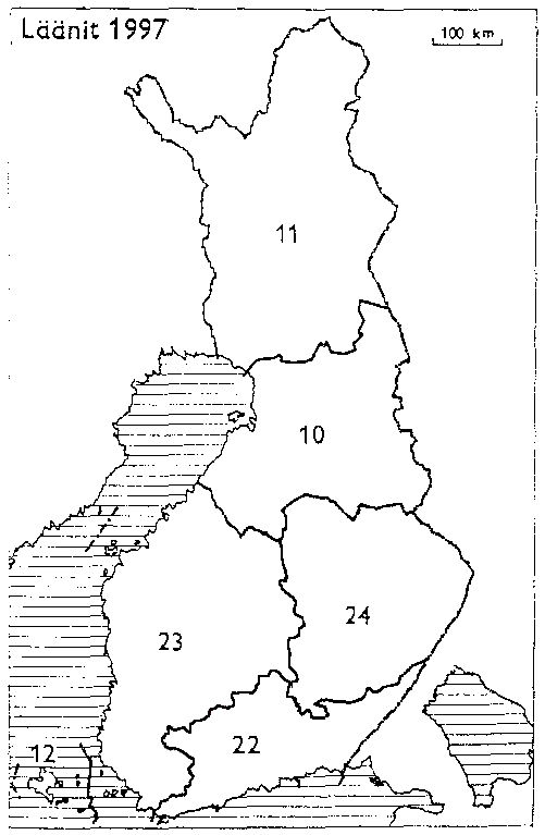 Finlands län 1997: 10: Uleåborg, 11: Lappland, 12: Åland, 22: Södra Finland, 23: Västra Finland, 24: Östra Finland