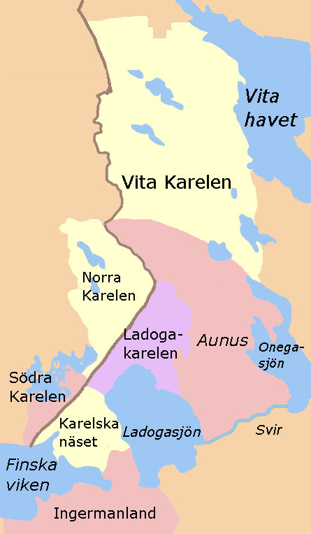 Finska Karelen kan delas upp i Norra Karelen och Södra Karelen. Östkarelen (som även kallas Fjärrkarelen) kan delas upp i Vita Karelen (även kallat Vitahavskarelen) och Olonets-Karelen (oftast enbart Olonets eller Aunus). Ladogakarelen och Karelska näset påverkades av att gränserna drogs om under andra världskriget.