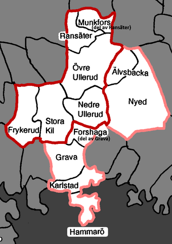 Karlstads härad (rosa gräns i söder) i Kils härad dä (vitt område)