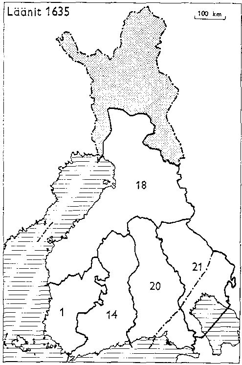 Svenska län 1634 i nuvarande Finland: 1: Åbo och Björneborg, 14: Nyland och Tavastehus, 18: Österbotten, 20: Viborg och Nyslott, 21: Kexholm