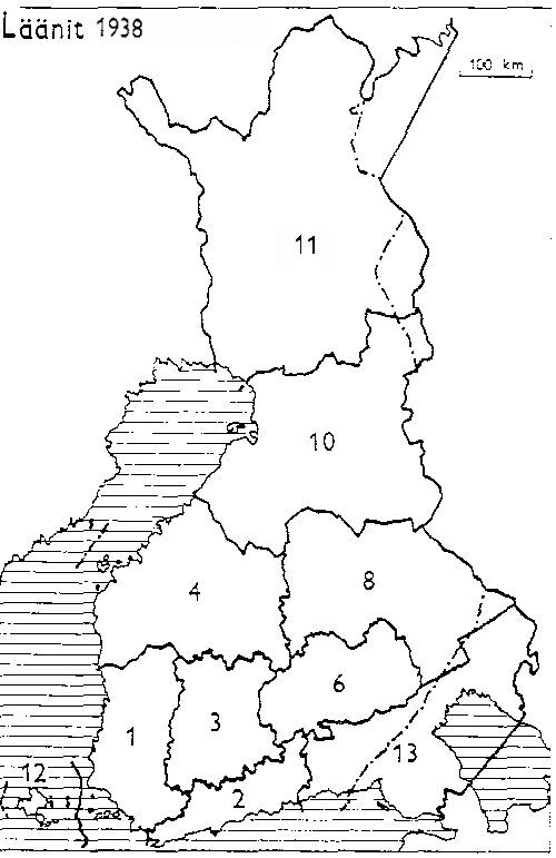 Finlands län 1938: 1: Åbo och Björneborg, 2: Nyland, 3: Tavastehus, 4: Vasa, 6: S:t Michel, 8: Kuopio, 10: Uleåborg, 11: Lappland, 12: Åland, 13: Viborg