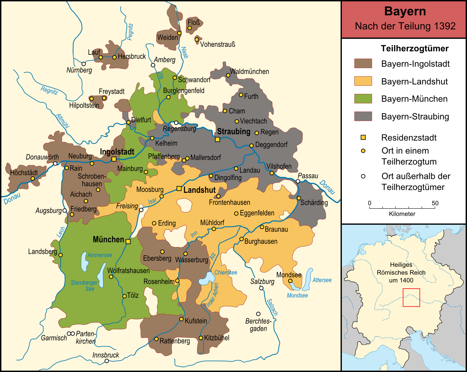 Hertigdömet Bayerns utsträckning efter dess delning 1392