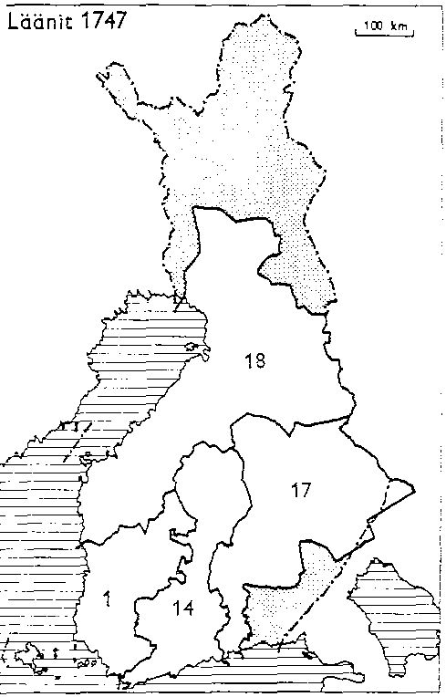 Finlands län 1747: 1: Åbo och Björneborg, 14: Nyland och Tavastehus, 17: Savolax och Kymmenegård, 18: Österbotten
