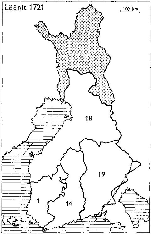Finlands län 1721: 1: Åbo och Björneborg, 14: Nyland och Tavastehus, 18: Österbotten, 19: Kymmenegård och Nyslott